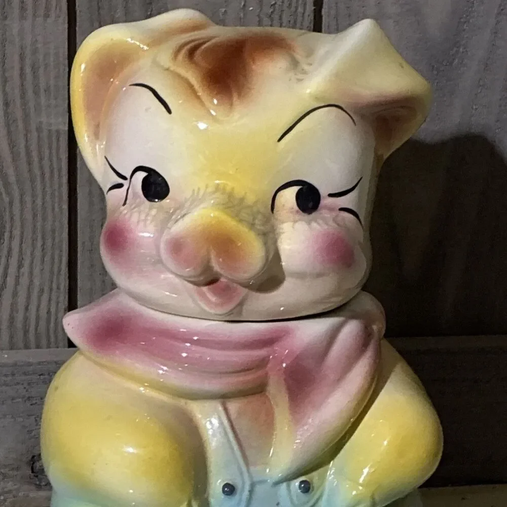 Vintage American Bisque Pig Cookie Jar Boy Blue Yellow Pink Overalls